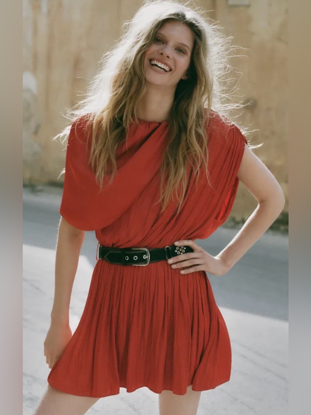 Zara Satin Effect Asymmetrical Ruched Mini Dress Belted Rust Red Size Medium NWT